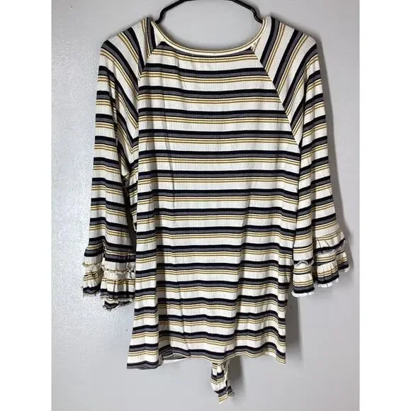 doe And Rae Multicolor Strip Top Black White Tan Ruffed Cuffs Women’s - Picture 7 of 9